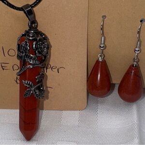 Red Jasper pendant necklace floral design carmelian agate earrings you get both